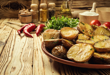 Close up of steaming hot baked potato,Hot buttered jacket baked potatoes,Roasted potato in bowl on wooden table,Oven-baked potatoes with sea salt and rosemary,toasted baked potato strewed with herbs.