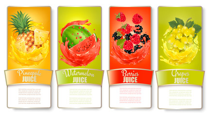Big set of labels with fruit in juice splash. Pineapple, watermelon, raspberry, blackberry, grapes. Vector.