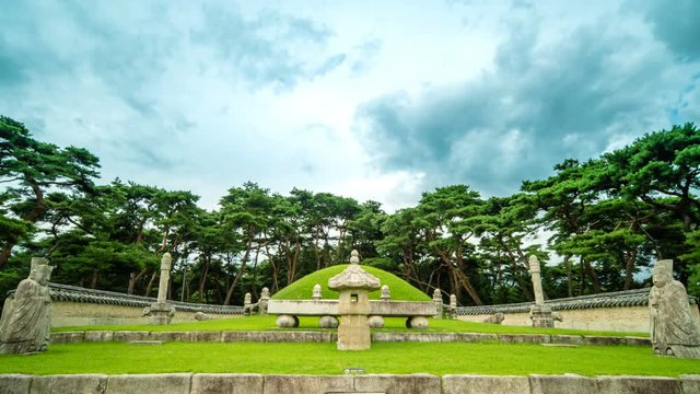 Yeoju city, South Korea - August 12, 2017 : Taking the royal tomb of King Sejong in timelapse.