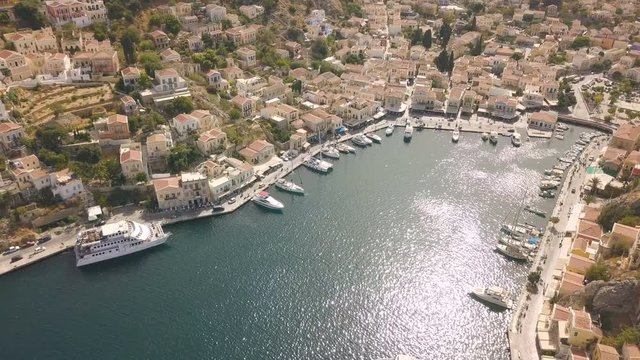 Aerial view of small town with colorful houses on Symi island