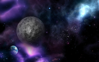 Obraz na płótnie Canvas 3D space background with fictional moon and planet