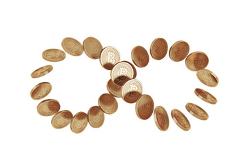 Infinity symbol made of bitcoins, white