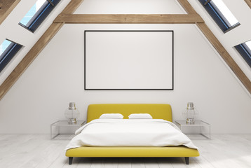 White attic bedroom interior, yellow bed, poster