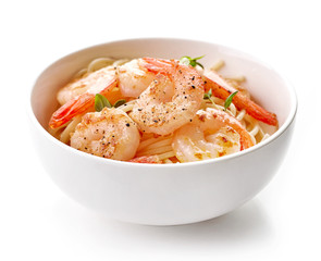 Bowl of spaghetti and fried prawns