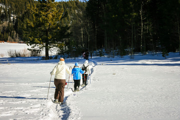 Fototapeta na wymiar Snow shoe hikers heading into the woods