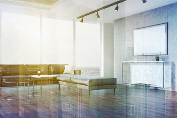 Concrete living room corner, sofa toned