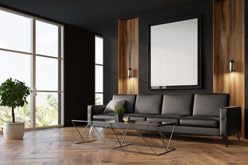 Black and wooden living room, sofa and poster