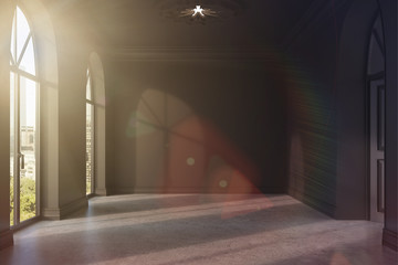 Empty black room with a concrete floor toned