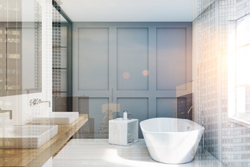 Gray bathroom, wooden sink double