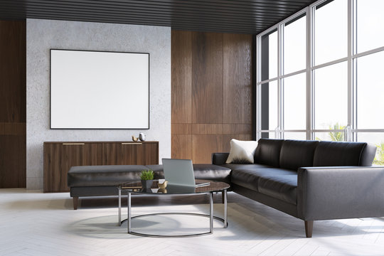 Gray and wooden living room, sofa and poster