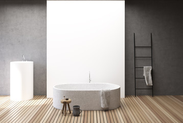 Naklejka na ściany i meble Concrete and white bathroom interior, tub and sink