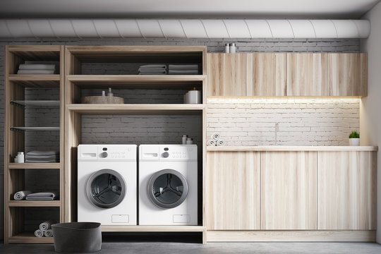 White And Wooden Laundry Room Interior Close Up