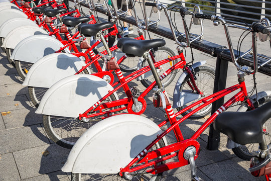 Red rental bicycles