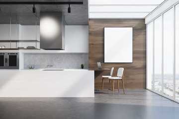 White kitchen counter, wood and concrete, poster