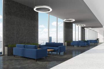 Waiting area in office, blue sofas