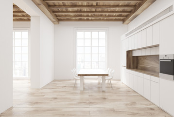 White kitchen interior, wooden ceiling
