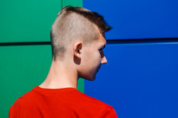 Fototapeta premium Portrait of a young boy . Pimples on the face , awkward age . A guy with a riot of hormones . on the background wall color