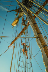 Working The Sails on Tall Ship Visiting Olympia Washington, USA, in Puget Sound