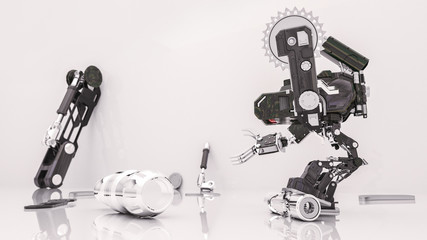 Robot in white room with mechanical parts