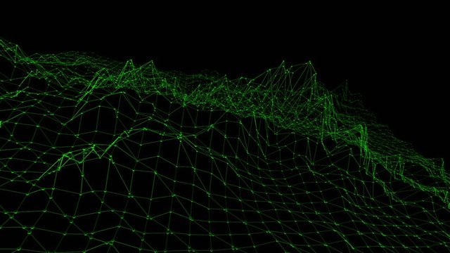 Abstract clean green waving 3D grid or mesh as cartoon background. Green geometric vibrating environment or pulsating math background.