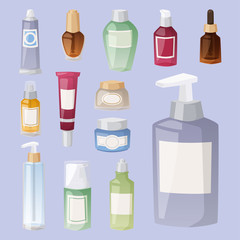 Bottles of cosmetic cosmetology lotion makeup beauty plastic liquid cream container fluid pack vector illustration.