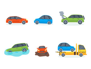 Car crash collision traffic insurance safety automobile emergency disaster and emergency repair transport vector illustration.