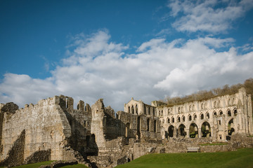 England, North Yorkshire, Rievaulx. Ruins of 13th century Rievaulx Abbey. Former Cistercian monastery.
