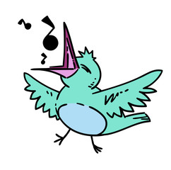 Bird singing, hand drawn cartoon. Colorful artwork with color on separate layer.