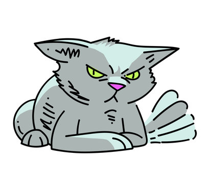 Angry cat cartoon hand drawn image. Original colorful artwork, comic childish style drawing.
