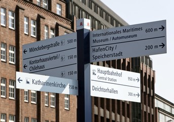 Guidepost near the Speicherstadt warehouse district in Hamburg, Germany, Europe