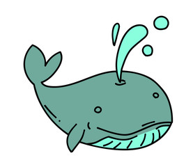 Whale cartoon hand drawn image. Original colorful artwork, comic childish style drawing.
