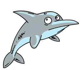 Dolphin cartoon hand drawn image. Original colorful artwork, comic childish style drawing.