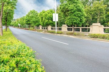 Country asphalt road through the green forest