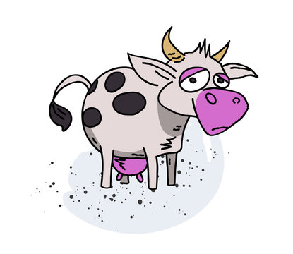 Cow cartoon hand drawn image. Original colorful artwork, comic childish style drawing.