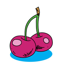 Cherry cartoon hand drawn image. Original colorful artwork, comic childish style drawing.