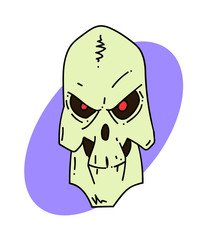 Spooky skull cartoon hand drawn image. Original colorful artwork, comic childish style drawing.