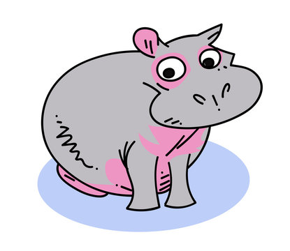 Hippopotamus cartoon hand drawn image. Original colorful artwork, comic childish style drawing.