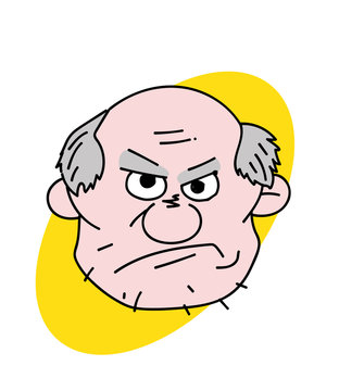 Evil old man face cartoon hand drawn image. Original colorful artwork, comic childish style drawing.