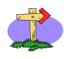 Wooden post cartoon hand drawn image. Original colorful artwork, comic childish style drawing.