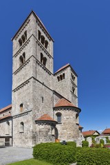 Fototapeta na wymiar St. Michael's basilica, 1180, late Romanesque tufa stone building, Altenstadt, Upper Bavaria, Bavaria, Germany, Europe, PublicGround, Europe