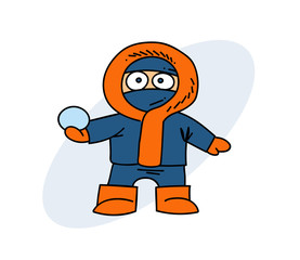 Boy in winter clothes cartoon hand drawn image. Original colorful artwork, comic childish style drawing.