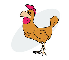 Funny cockerel cartoon hand drawn image. Original colorful artwork, comic childish style drawing.