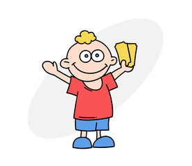 Happy boy with tickets cartoon hand drawn image. Original colorful artwork, comic childish style drawing.