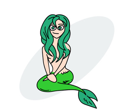 Pretty mermaid cartoon hand drawn image. Original colorful artwork, comic childish style drawing.