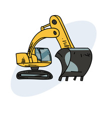 Excavator hand drawn cartoon image. Freehand artistic illustration.