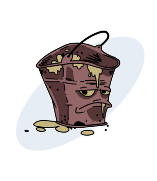 Grumpy dirty bucket, hand drawn cartoon image. Freehand artistic illustration.
