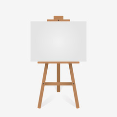 Wooden easel with blank white canvas. Vector illustration.