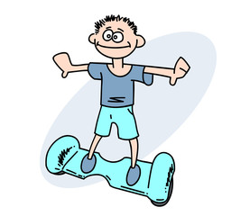 Boy riding gyroscooter, hand drawn cartoon image. Freehand artistic illustration.