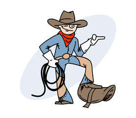 Cool smiling cowboy, hand drawn cartoon image. Freehand artistic illustration.