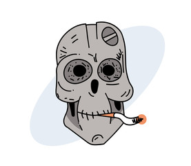 Robot skull smoking cigarette, hand drawn cartoon image. Freehand artistic illustration.